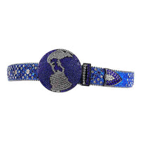 Globe Buckle Rhinestones Leather Waist Belt Blue With Circle Shape Blue And White Gems