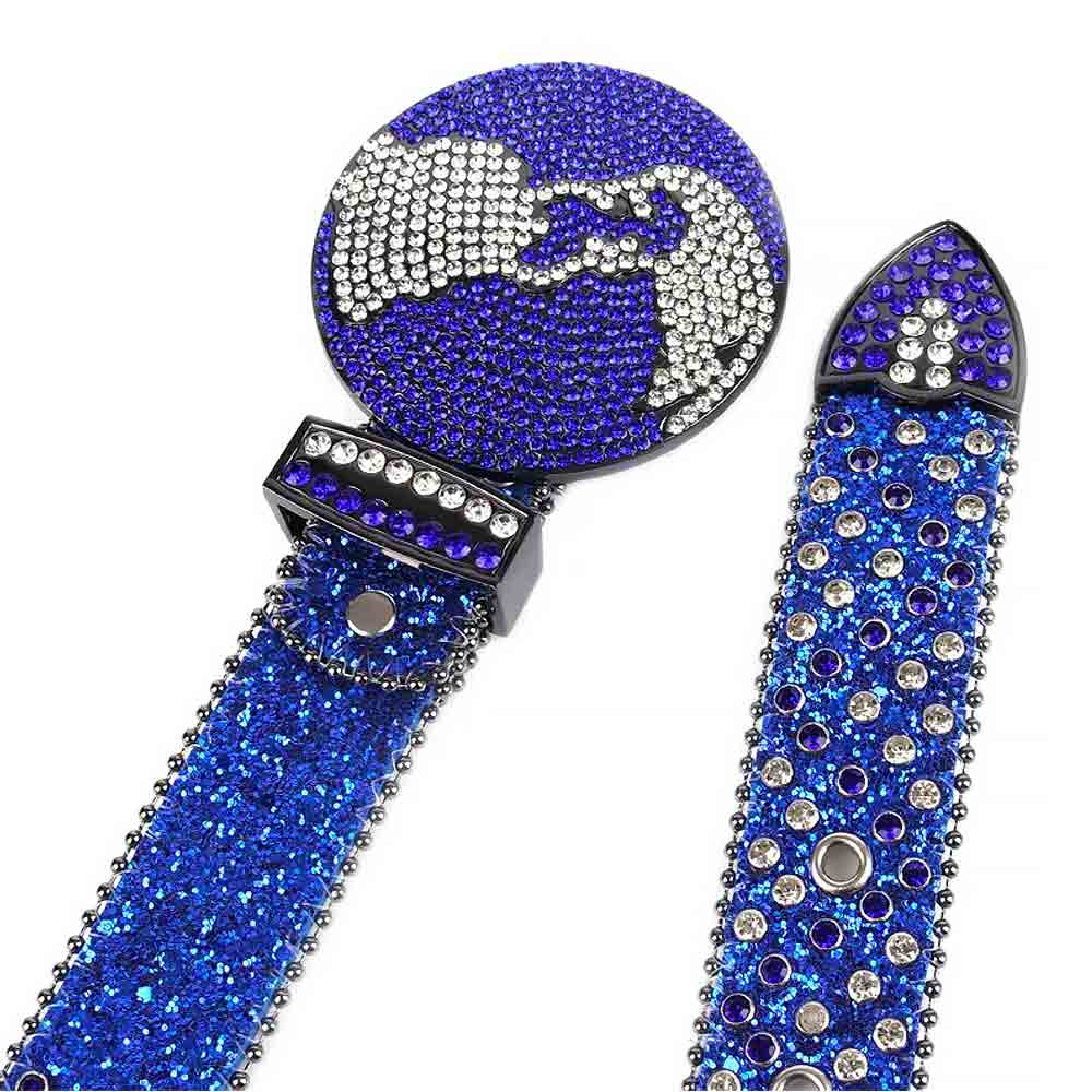 Globe Buckle Rhinestones Leather Waist Belt Blue With Circle Shape Blue And White Gems
