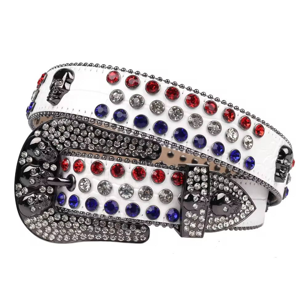 Red White & Blue Crystal Rhinestone Western Belt with Skull Buckle