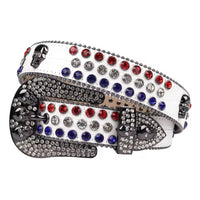 Red White & Blue Crystal Rhinestone Western Belt with Skull Buckle