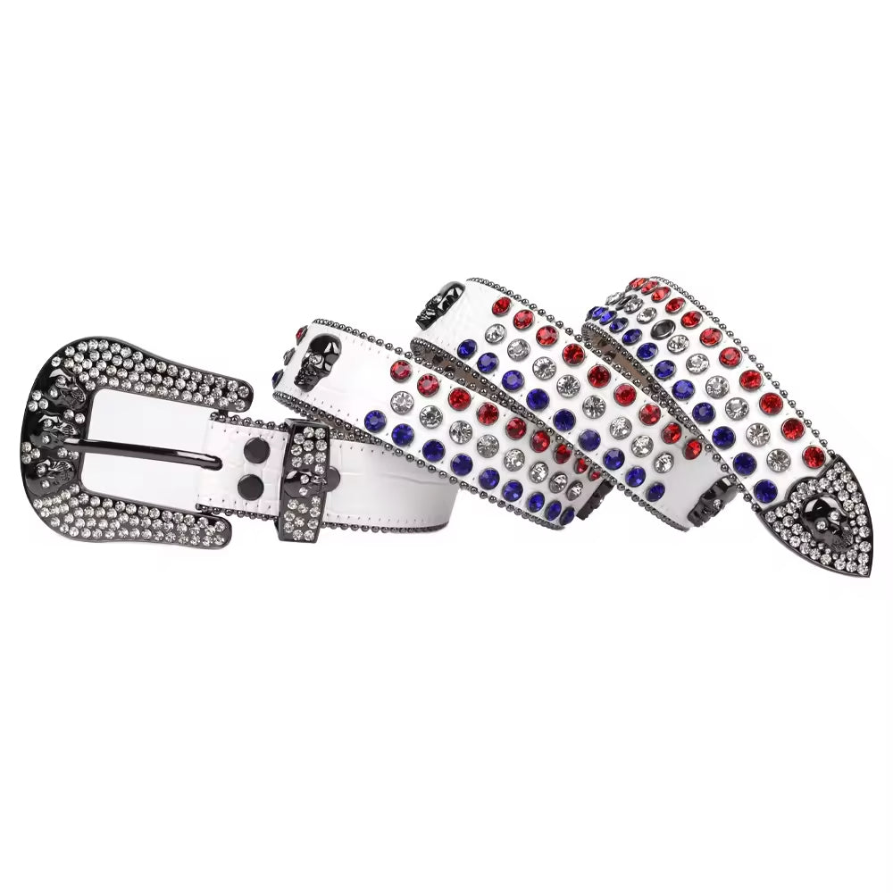Red White & Blue Crystal Rhinestone Western Belt with Skull Buckle