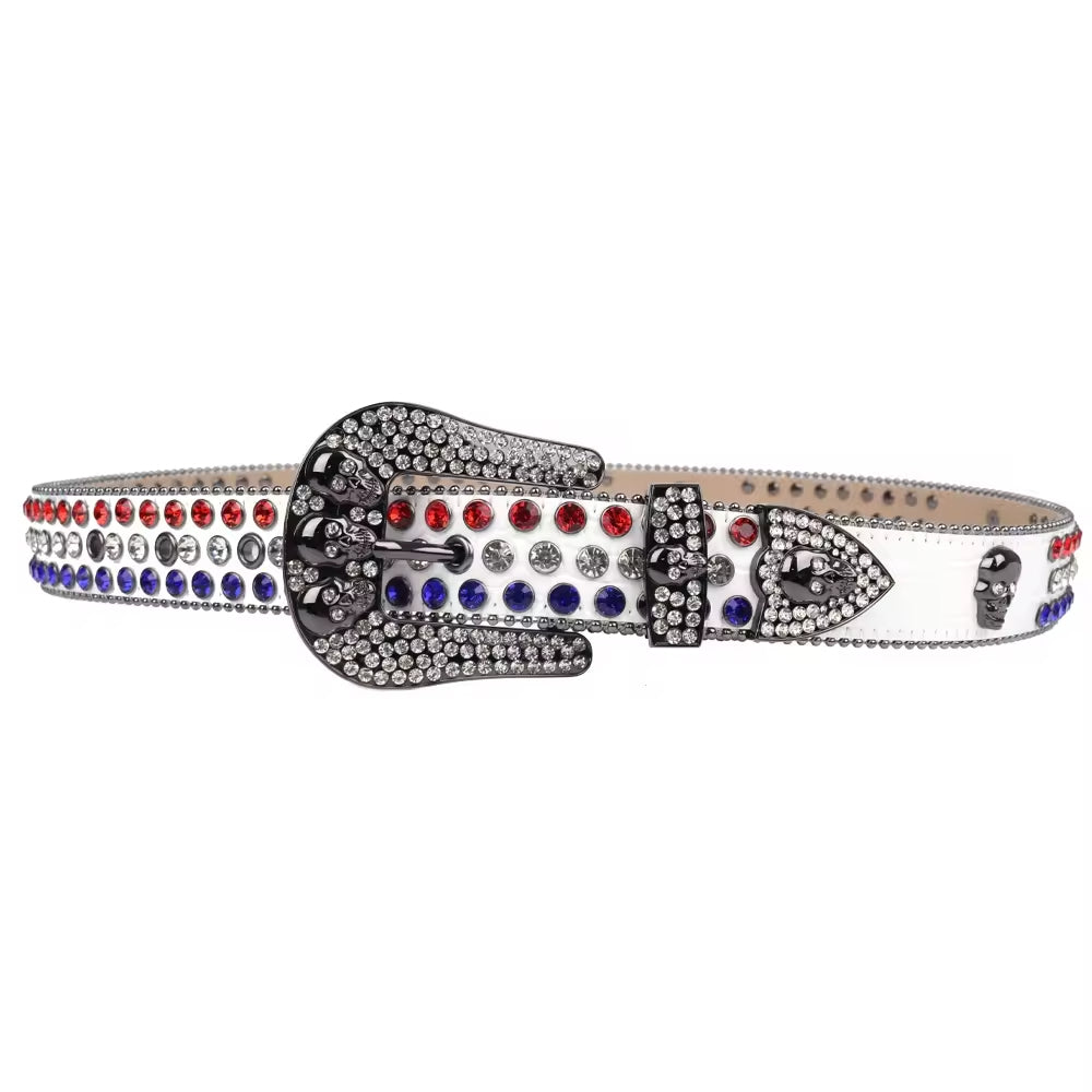 Red White & Blue Crystal Rhinestone Western Belt with Skull Buckle