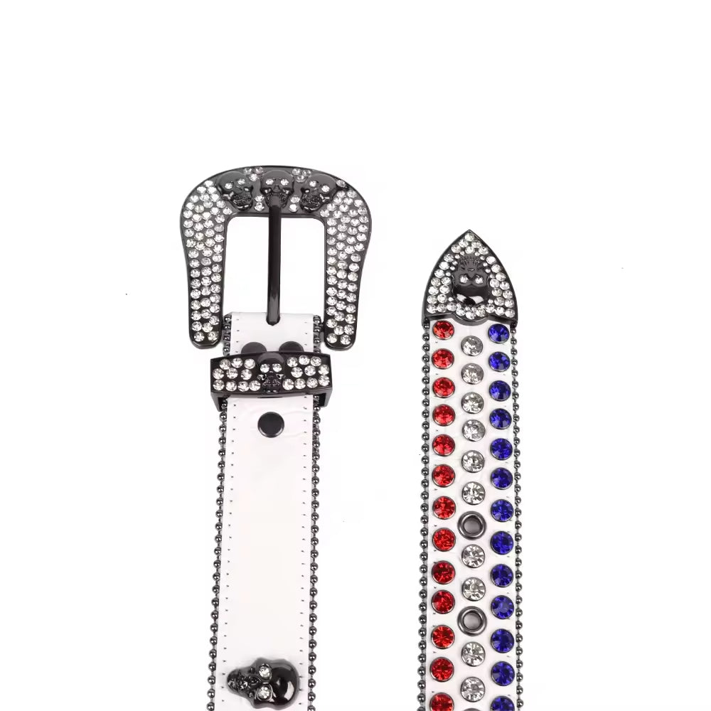 Red White & Blue Crystal Rhinestone Western Belt with Skull Buckle