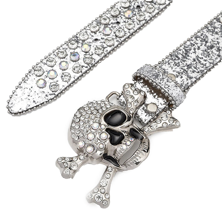 Skull Buckle Silver Glossy Strap With Crystal Encrusted Rhinestone Belt