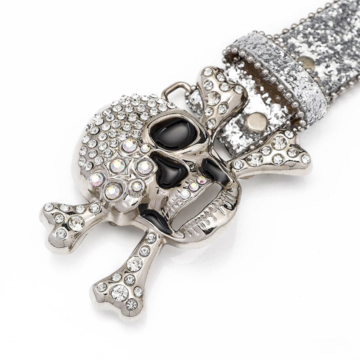 Skull Buckle Silver Glossy Strap With Crystal Encrusted Rhinestone Belt