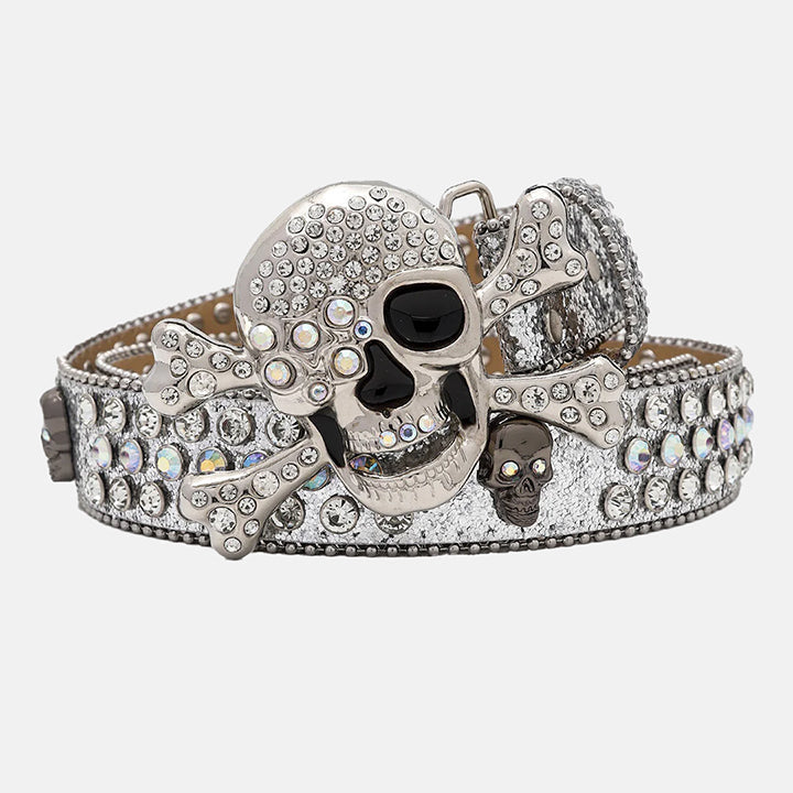 Skull Buckle Silver Glossy Strap With Crystal Encrusted Rhinestone Belt