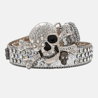 Skull Buckle Silver Glossy Strap With Crystal Encrusted Rhinestone Belt