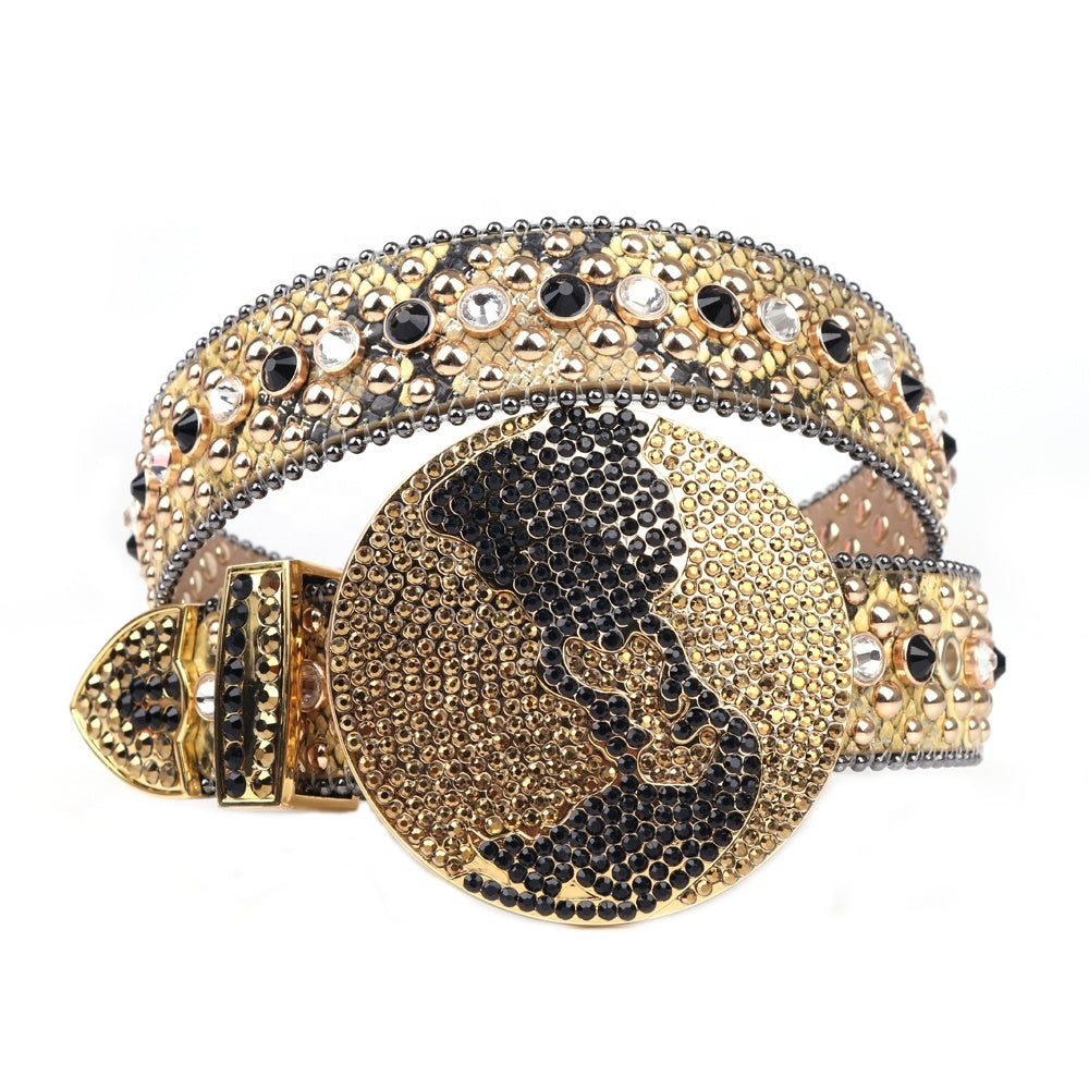 Gold & Black Crystal Rhinestone Western Belt with Globe Buckle