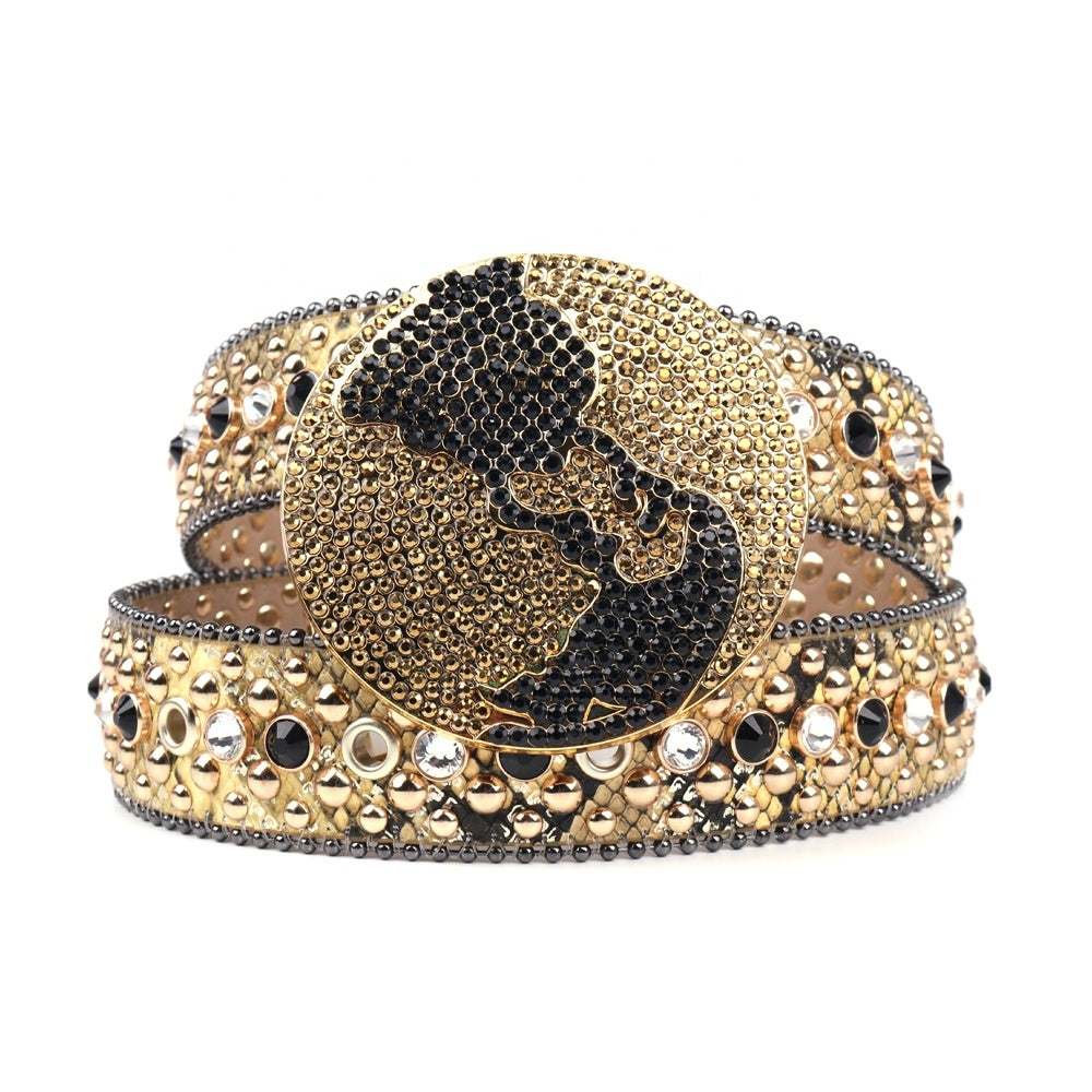 Gold & Black Crystal Rhinestone Western Belt with Globe Buckle