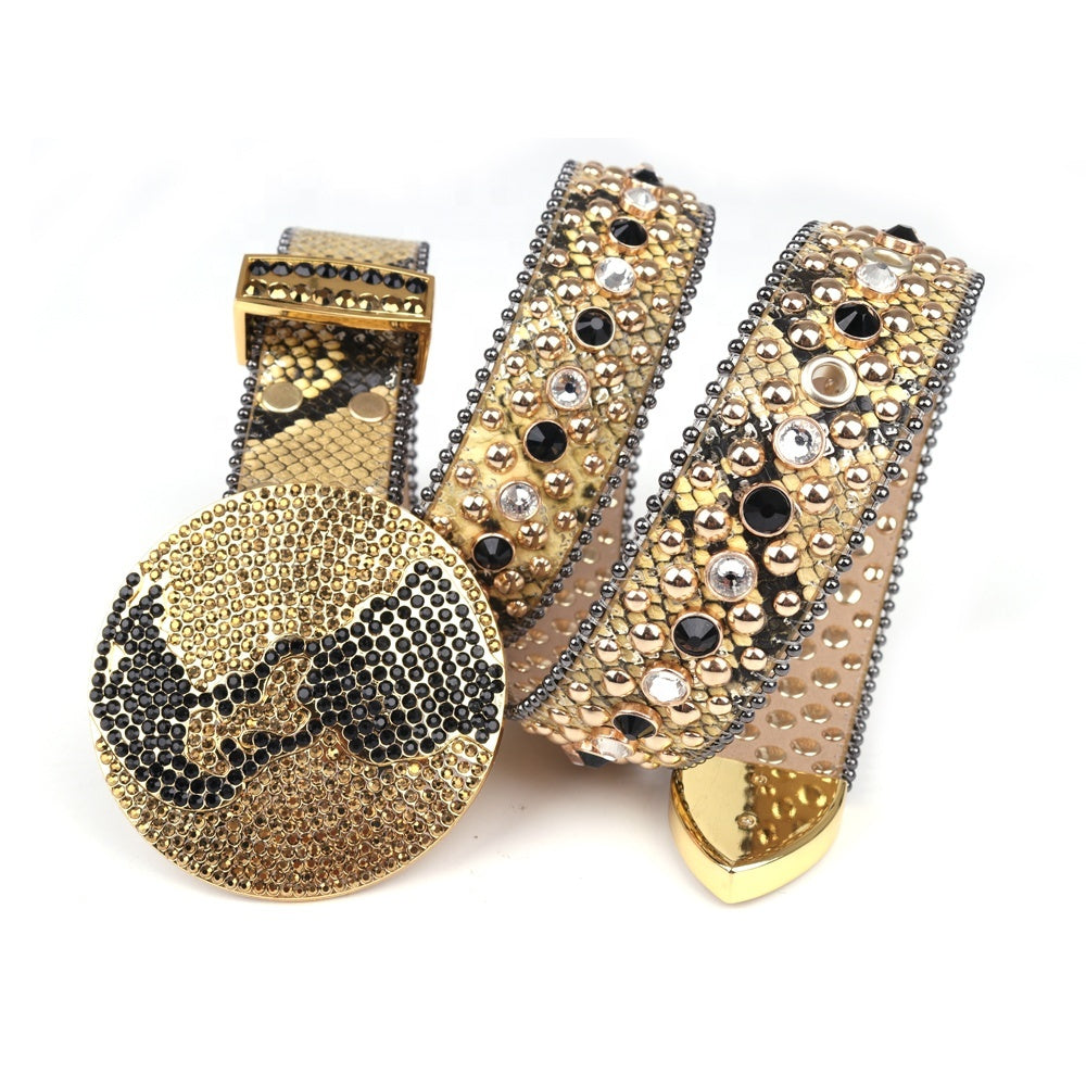 Gold & Black Crystal Rhinestone Western Belt with Globe Buckle