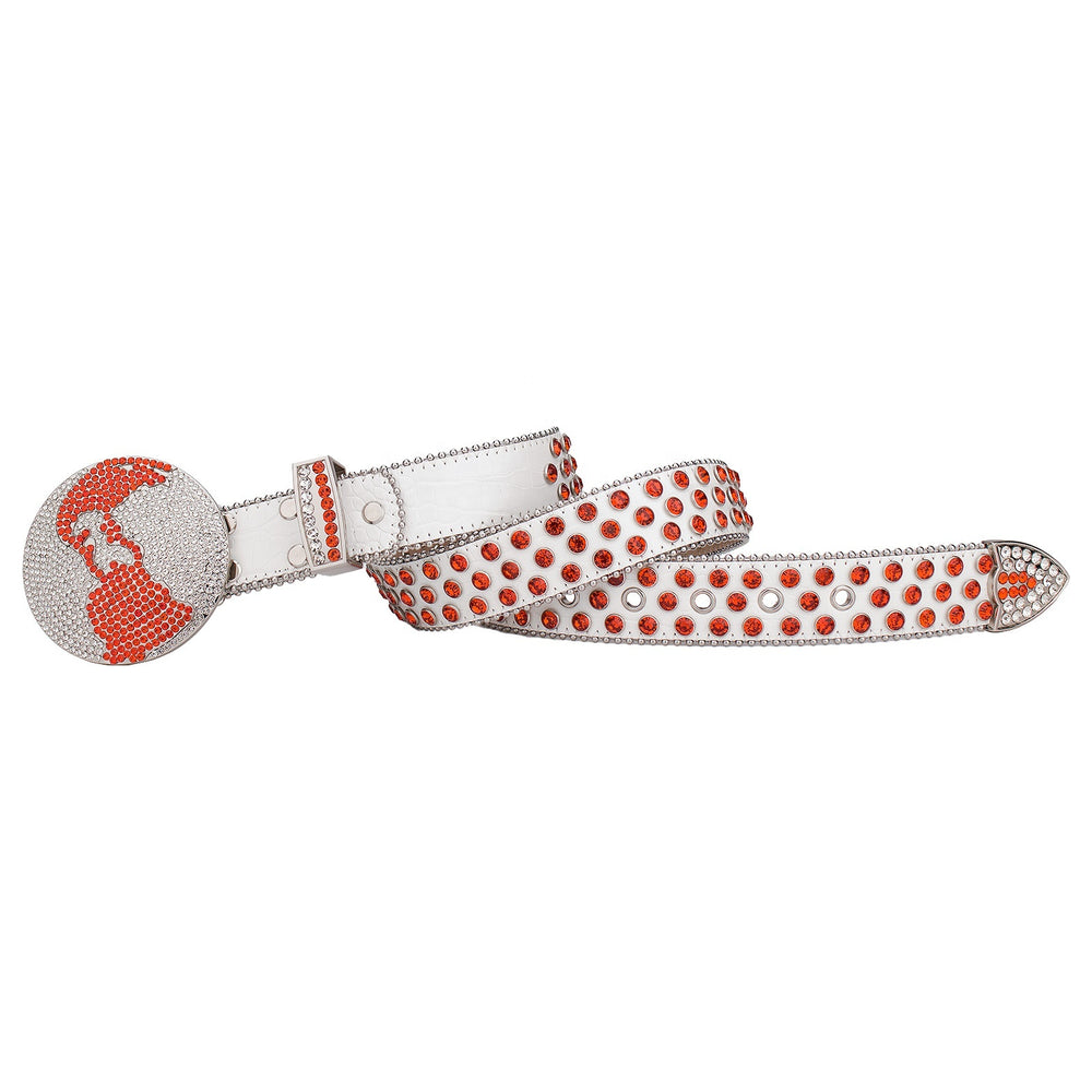 Orange & White Crystal Rhinestone Western Belt with Globe Buckle