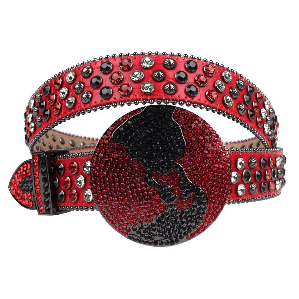 Red & Black Crystal Rhinestone Western Belt with Globe Buckle