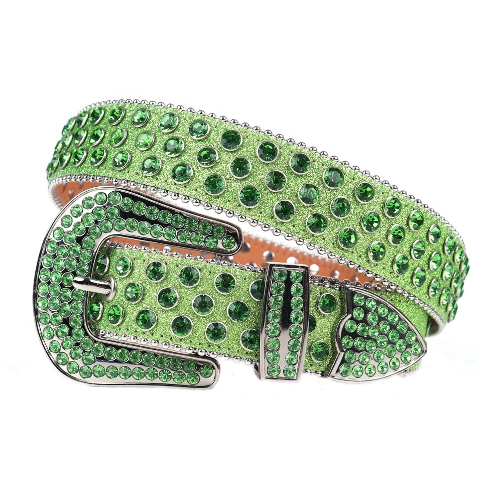 Green Crystal Rhinestone Western Belt with Silver Buckle