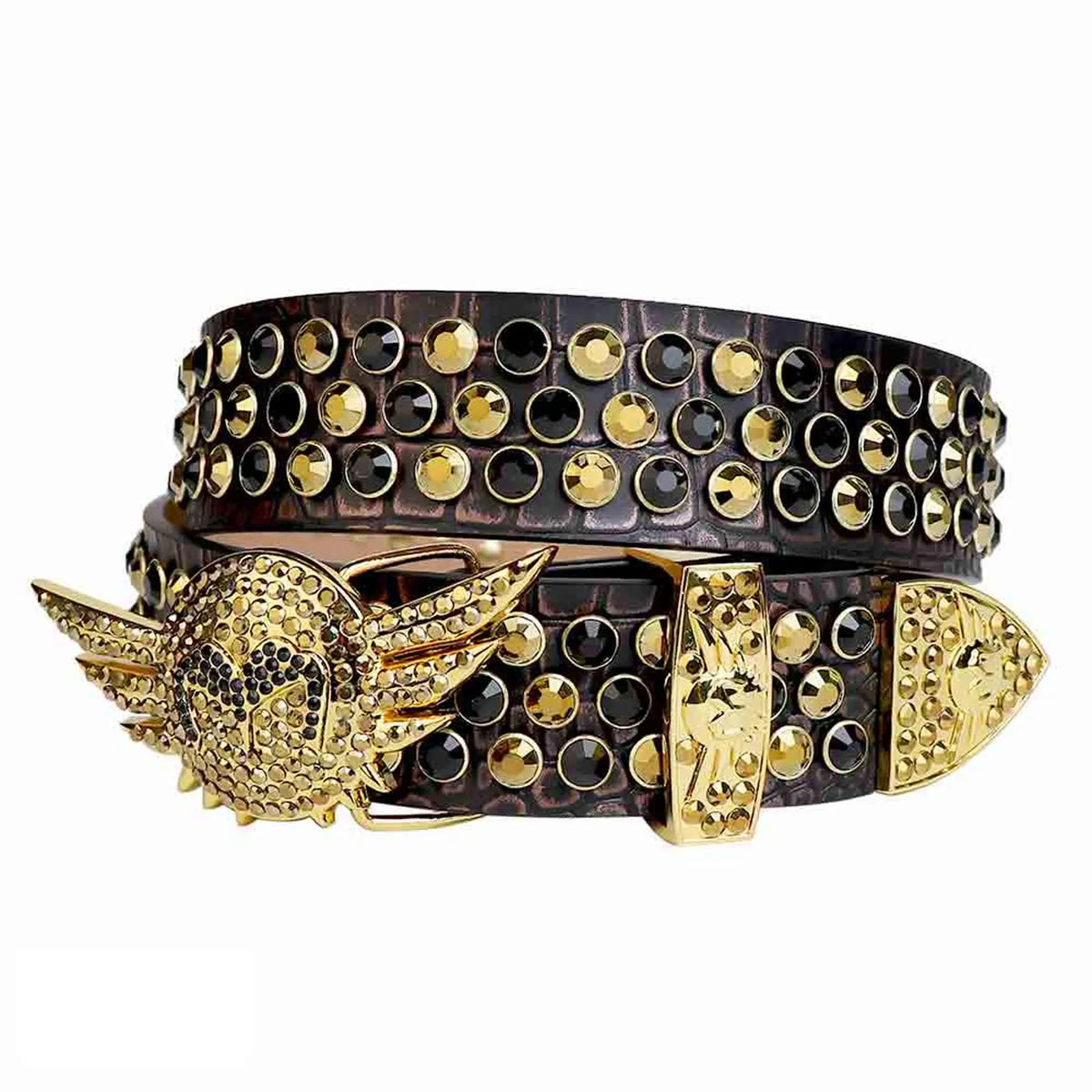 Bronze Crystal Rhinestone Western Belt with Gold Wing Buckle - front view