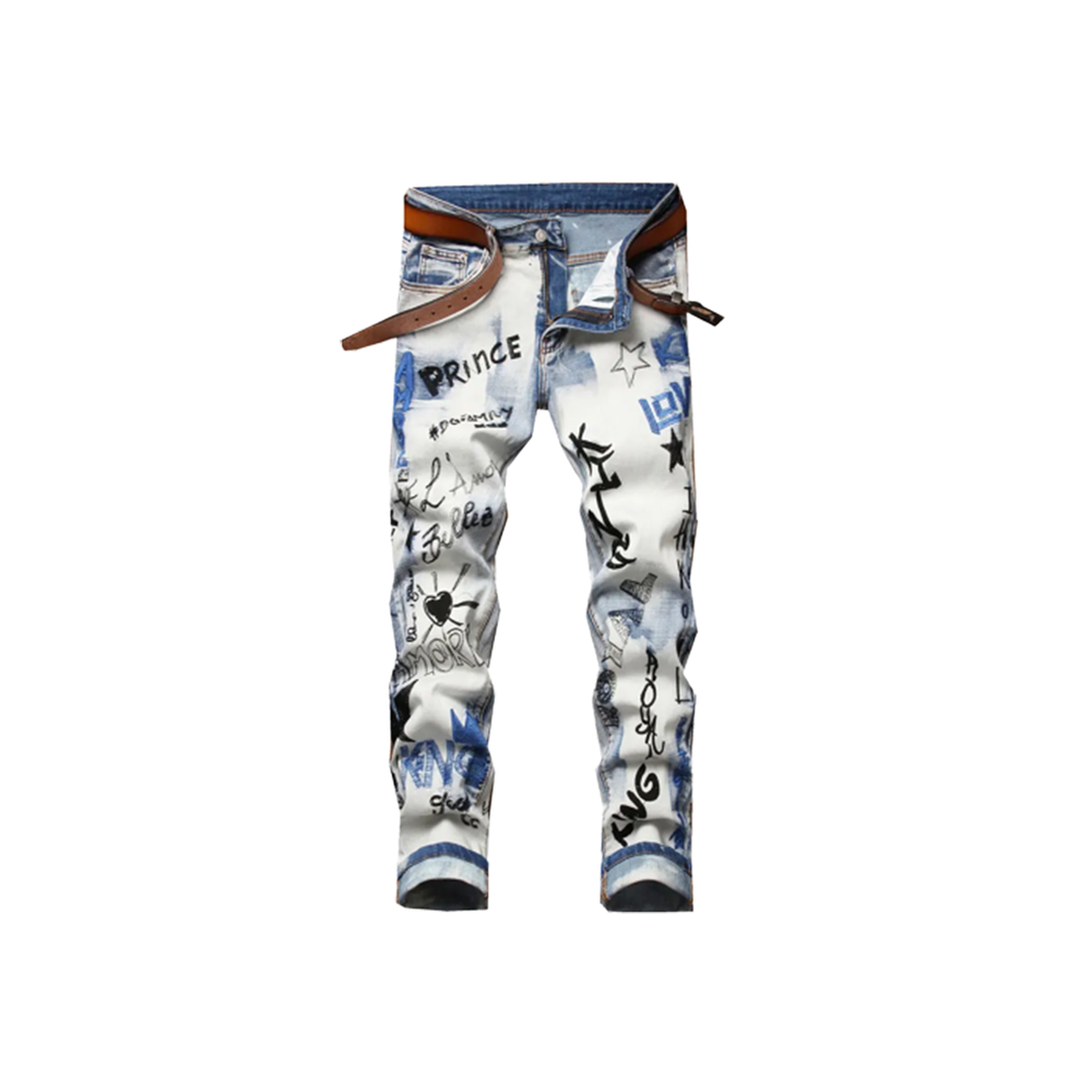 Men's Trendy Letters Embroidery Printed Denim Pants