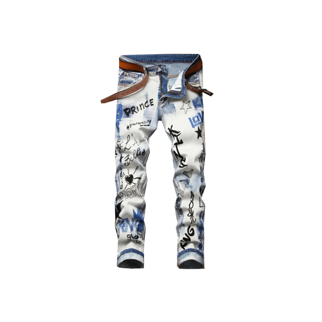 Men's Trendy Letters Embroidery Printed Denim Pants