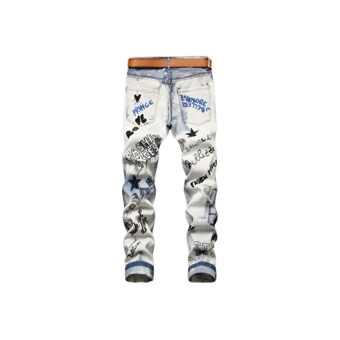 Men's Trendy Letters Embroidery Printed Denim Pants