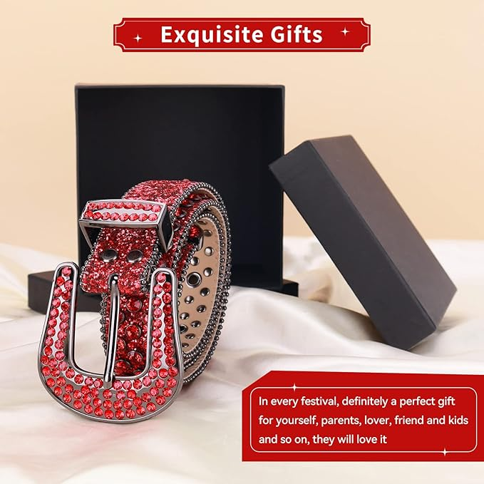Red Strap With Red Embellished Rhinestone BB Belt with Silver Red Buckle
