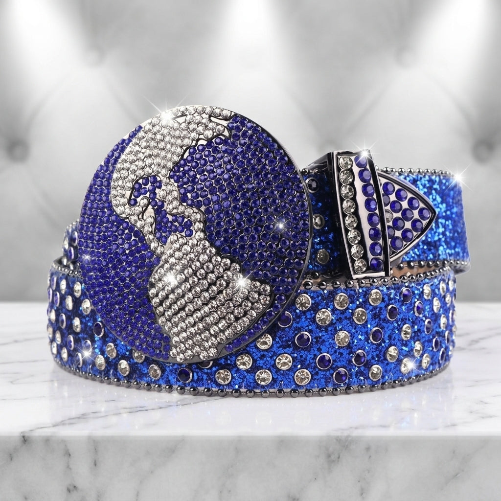 Navy Globe Crystal Rhinestone Western Belt