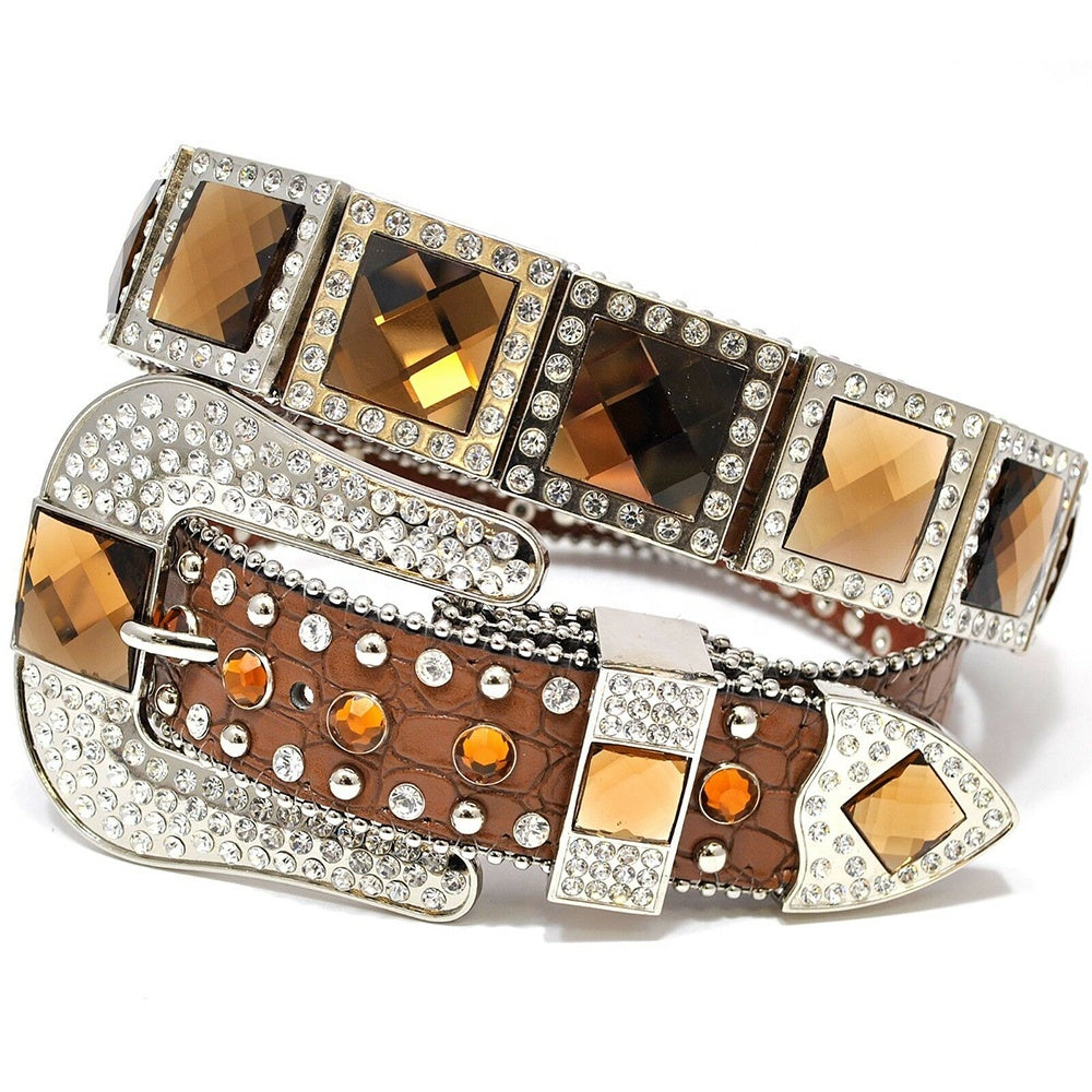 Square Gemstone Concho Crocodile Leather Western Belt