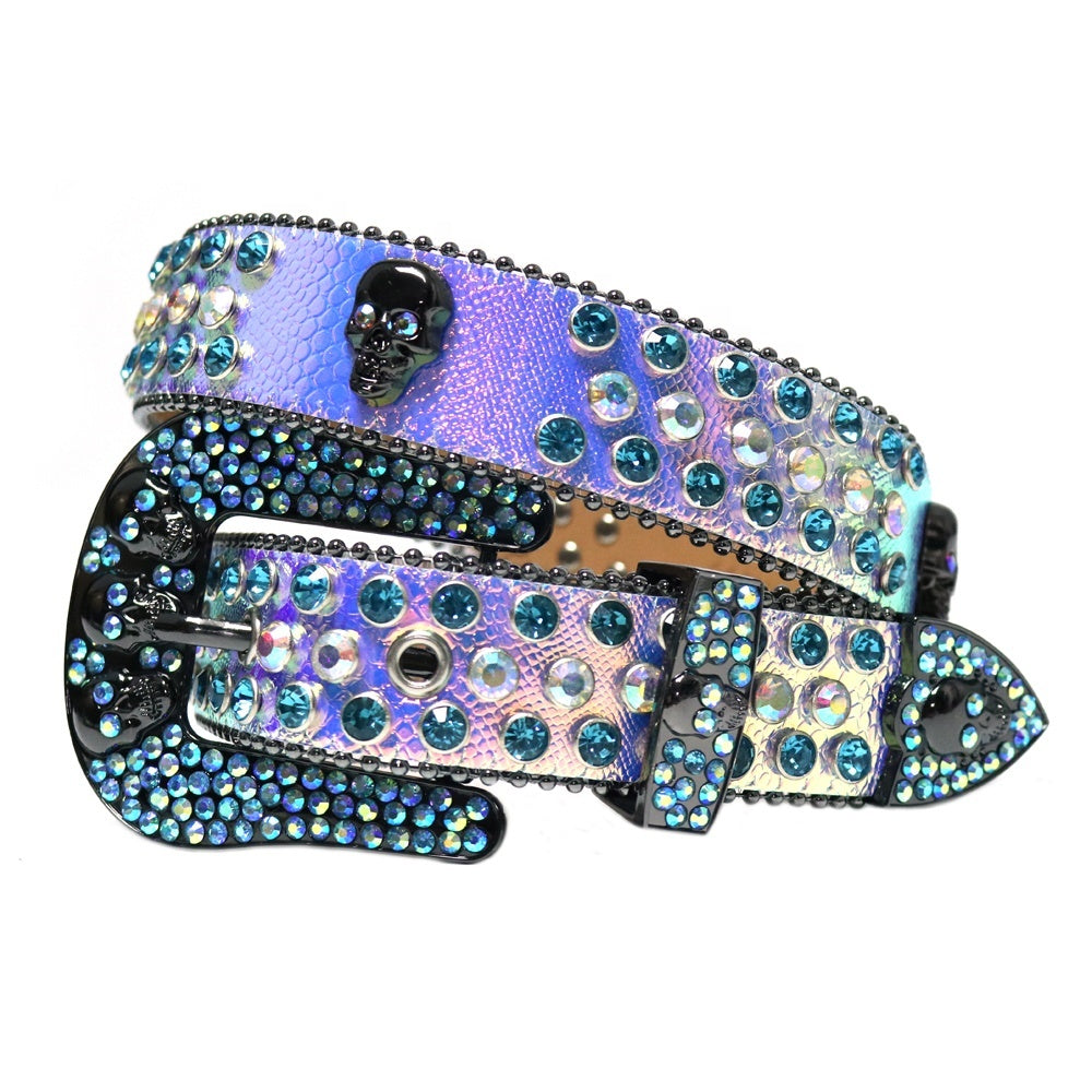 Skull Concho Crystal Rhinestone Western Belt with Double Buckle