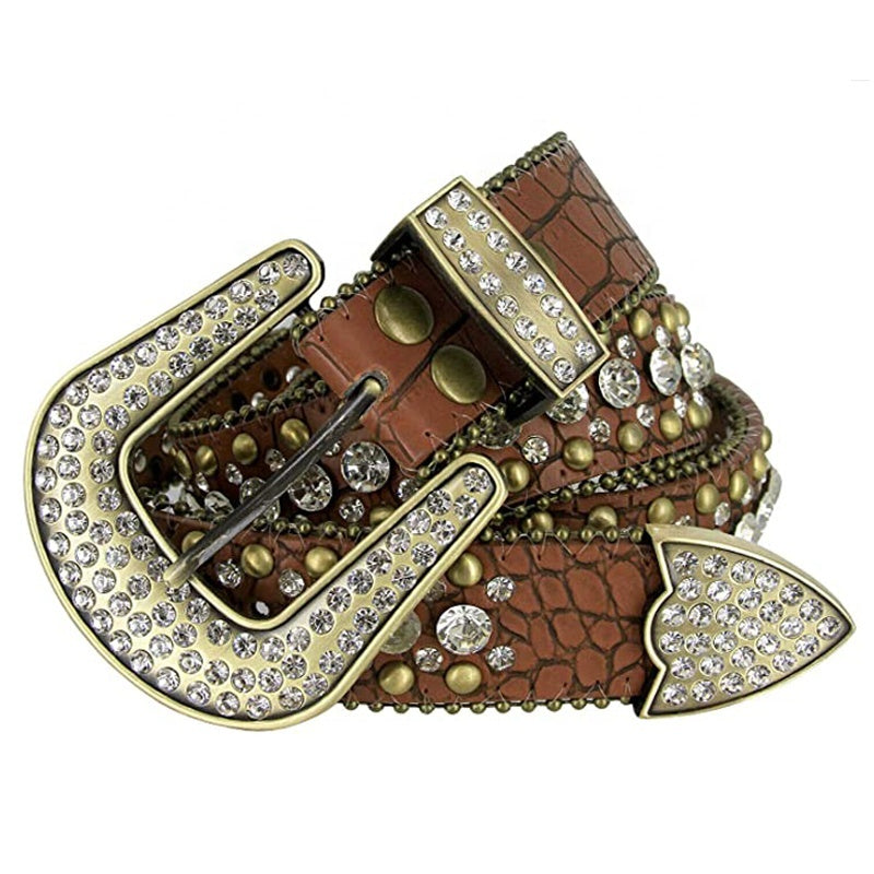 Crocodile Leather Western Belt with Gemstone D-Ring Buckle