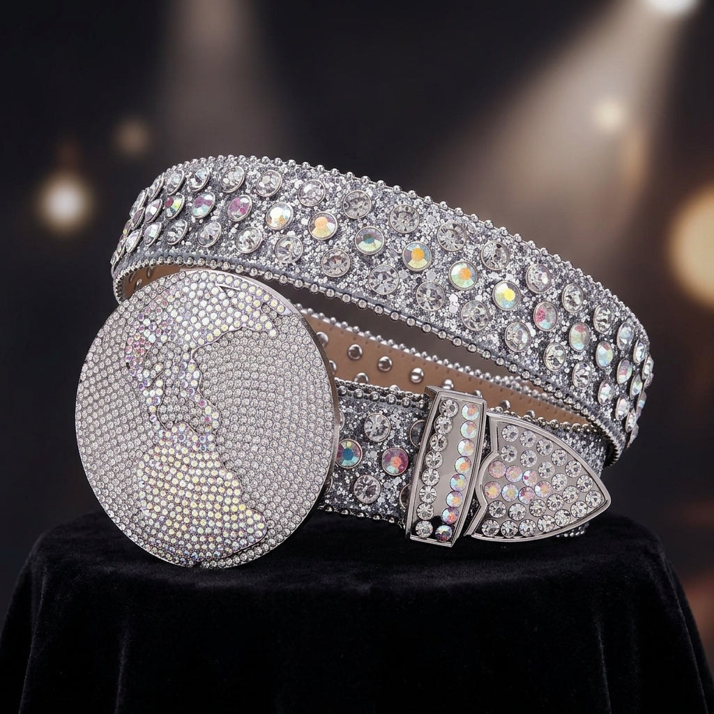 Round Earth Crystal Rhinestone Western Belt with AB Buckle