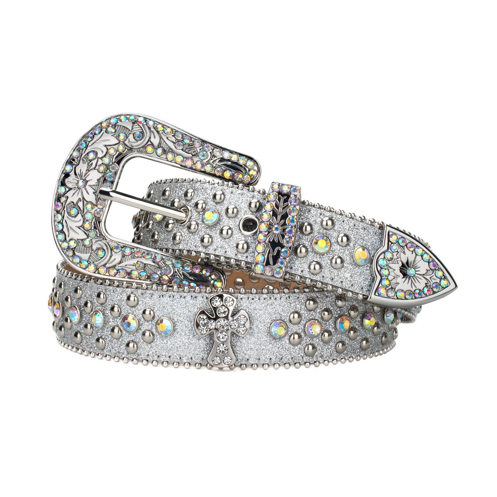 Silver Cross Nail-Studded Crystal Rhinestone Western Belt
