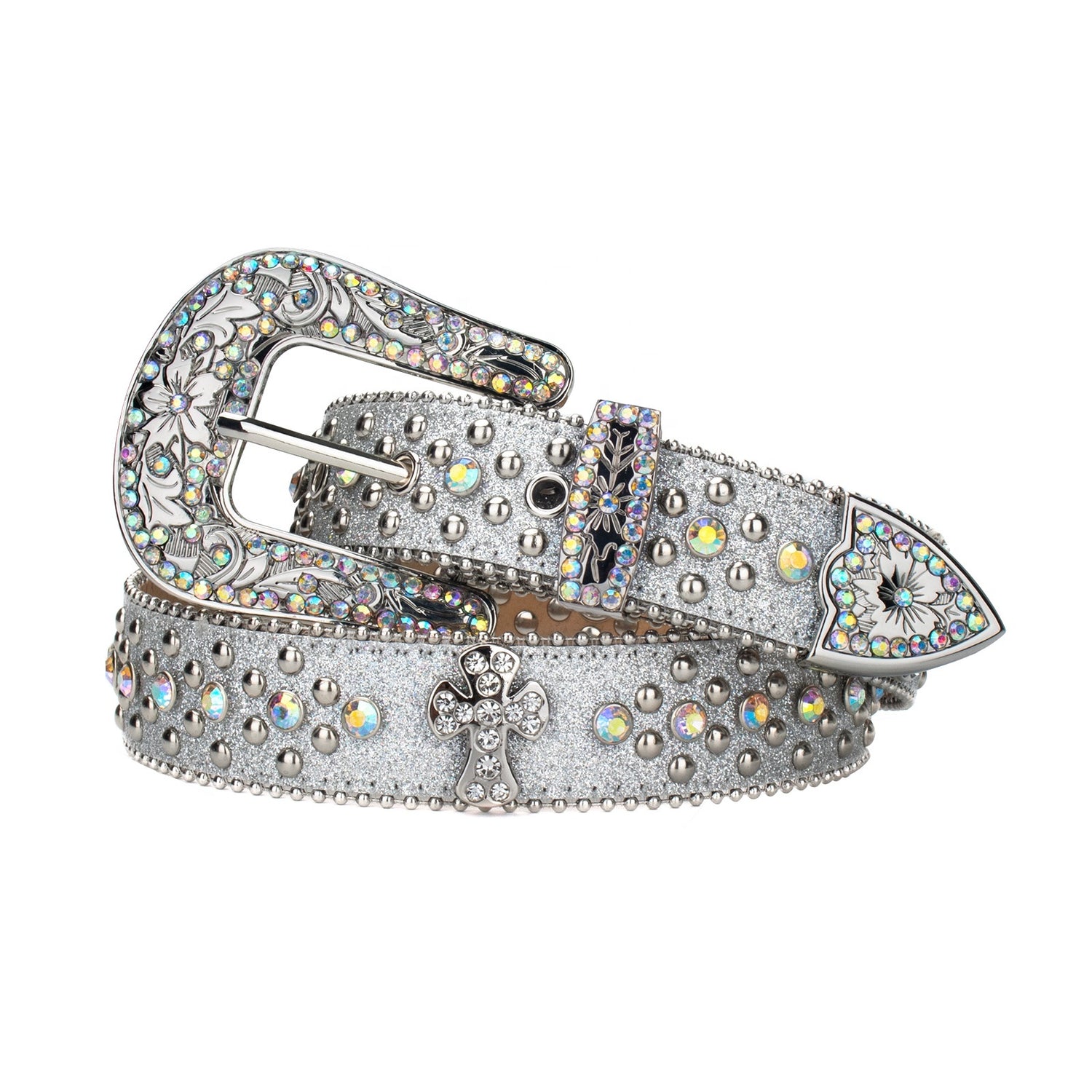 Silver Cross Nail-Studded Crystal Rhinestone Western Belt