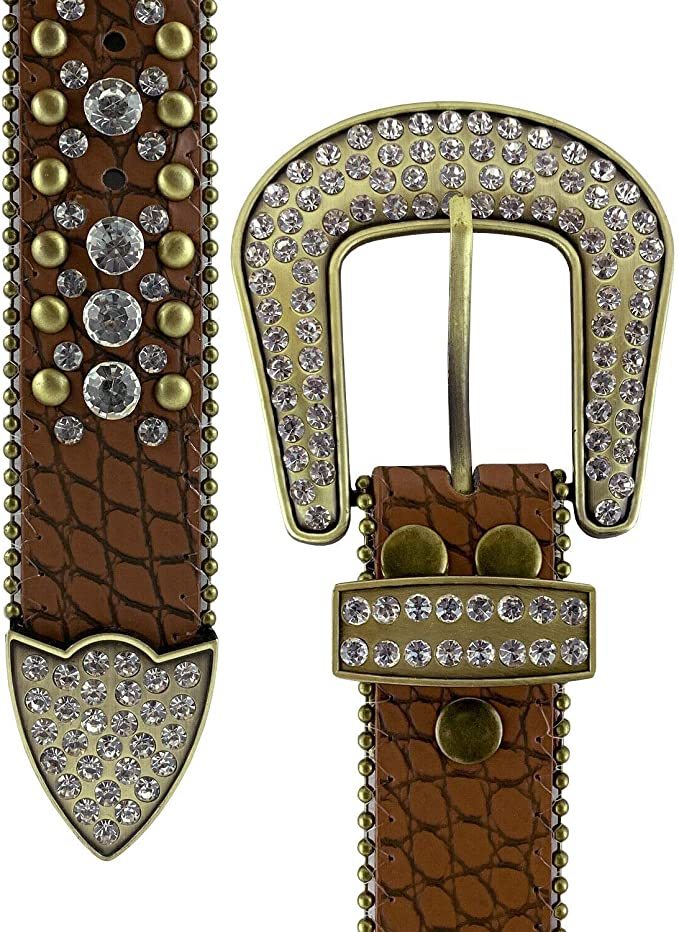 Crocodile Leather Western Belt with Gemstone D-Ring Buckle