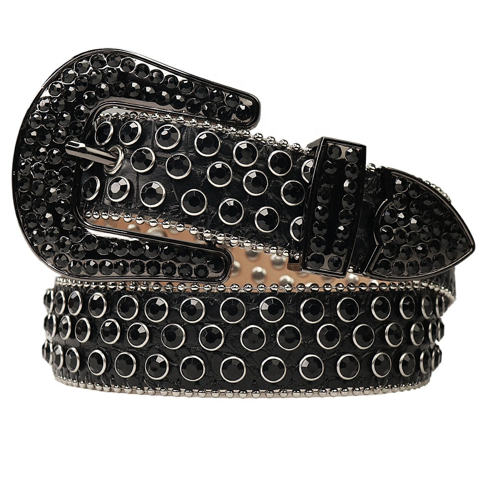 Dotted Crystal Rhinestone Western Belt with Rounded Silver Buckle