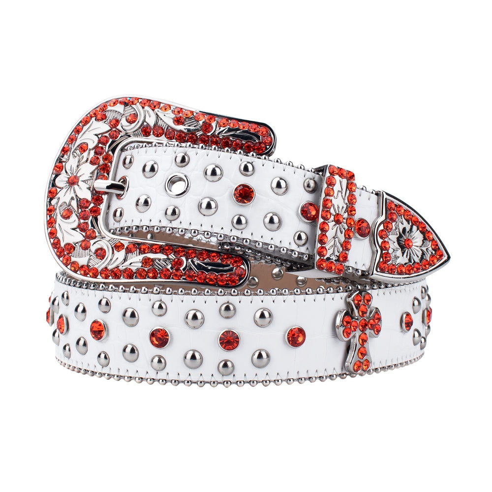 White & Orange Cross Crystal Rhinestone Western Belt