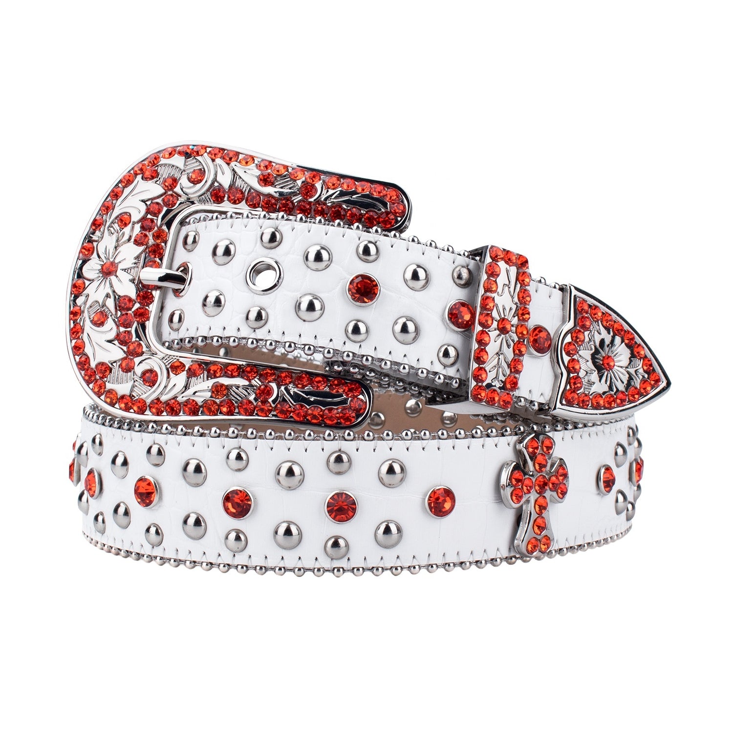 White & Orange Cross Crystal Rhinestone Western Belt