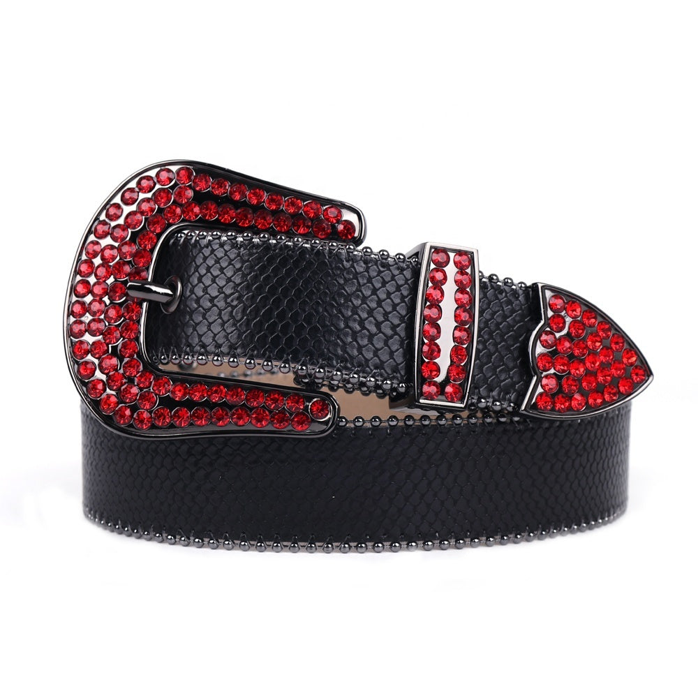 Snakeskin-Texture Western Belt with Rhinestone Buckle
