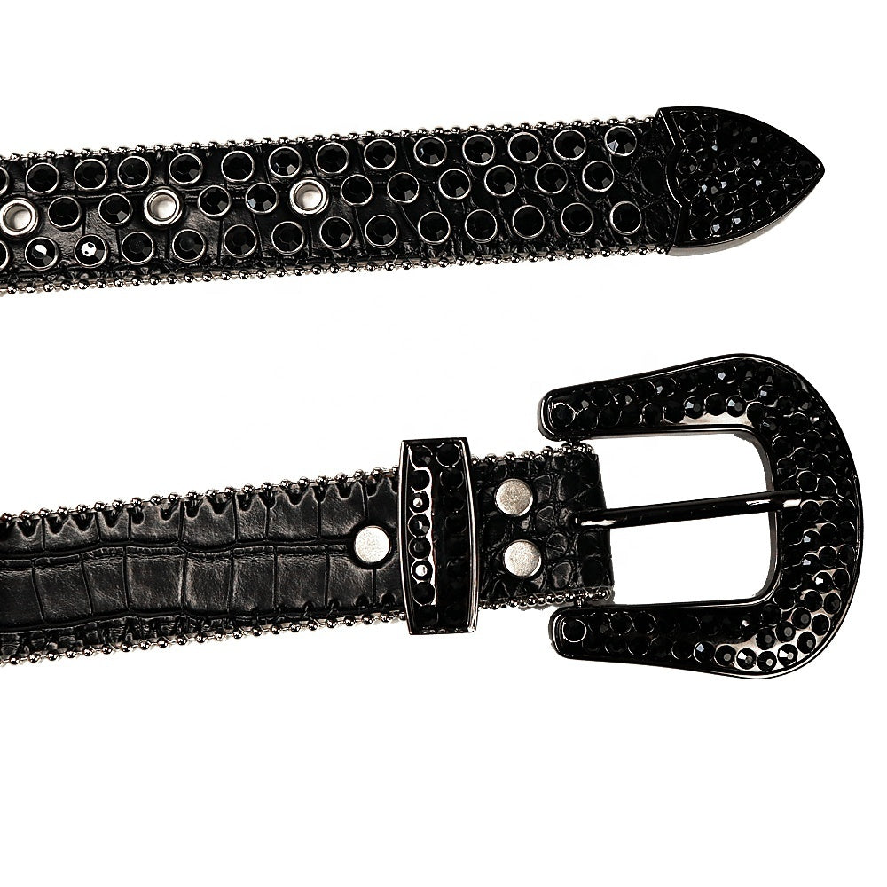 Dotted Crystal Rhinestone Western Belt with Rounded Silver Buckle