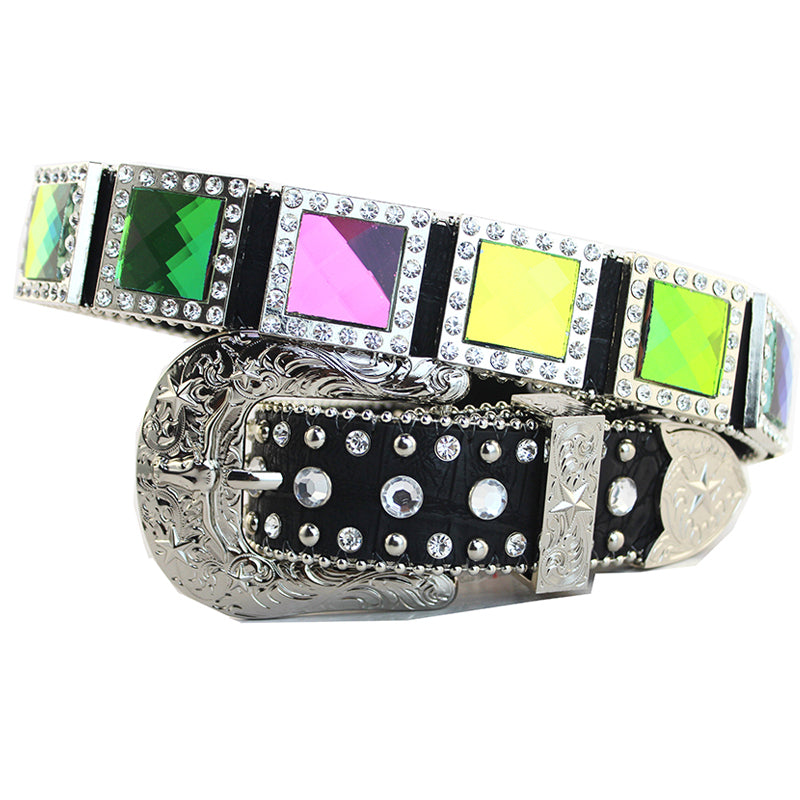 Square Gemstone Concho Crocodile Leather Western Belt