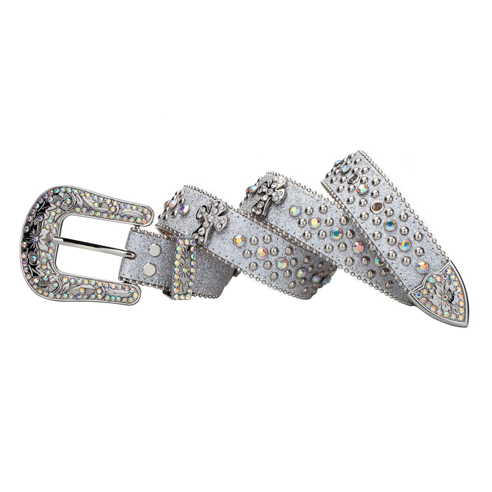 Silver Cross Nail-Studded Crystal Rhinestone Western Belt