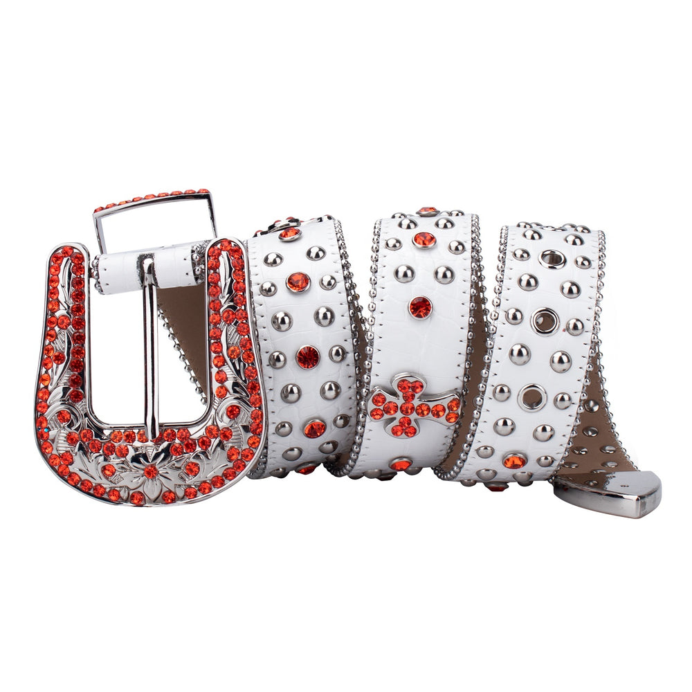 White & Orange Cross Crystal Rhinestone Western Belt