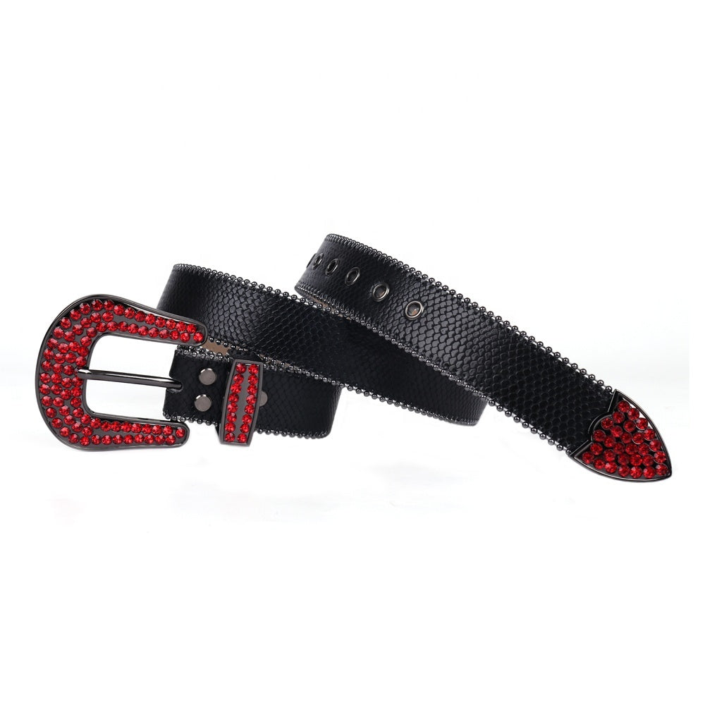 Snakeskin-Texture Western Belt with Rhinestone Buckle
