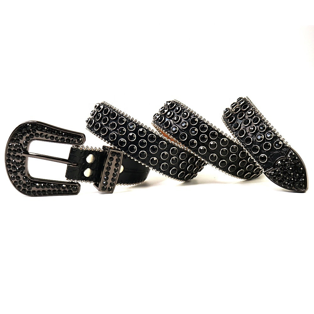 Dotted Crystal Rhinestone Western Belt with Rounded Silver Buckle