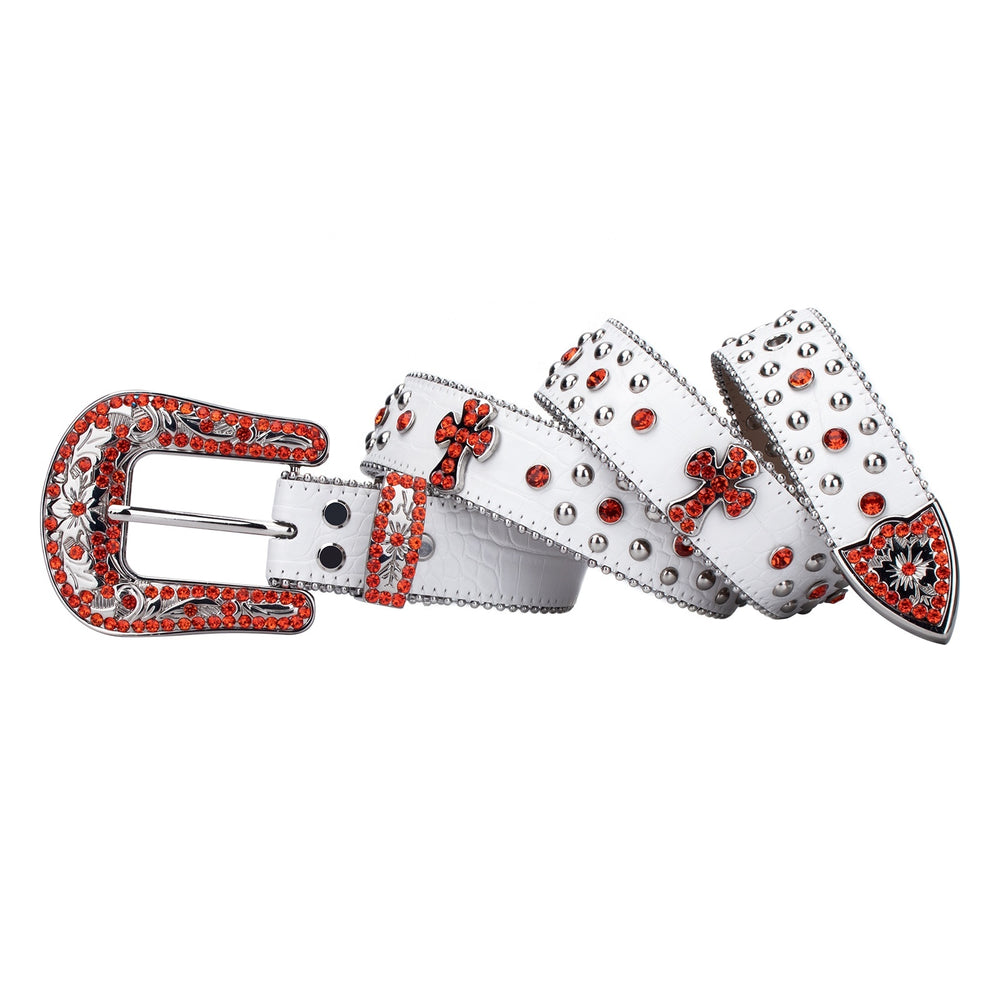 White & Orange Cross Crystal Rhinestone Western Belt