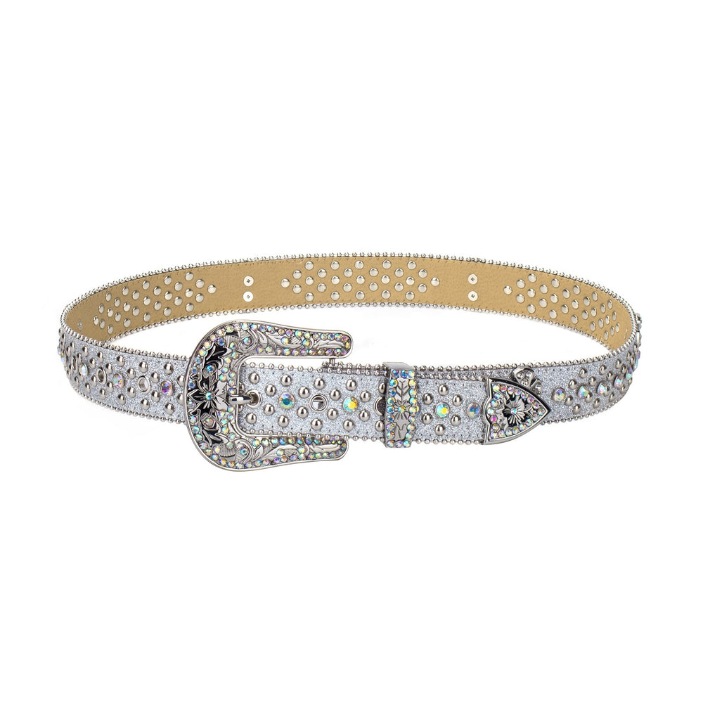 Silver Cross Nail-Studded Crystal Rhinestone Western Belt