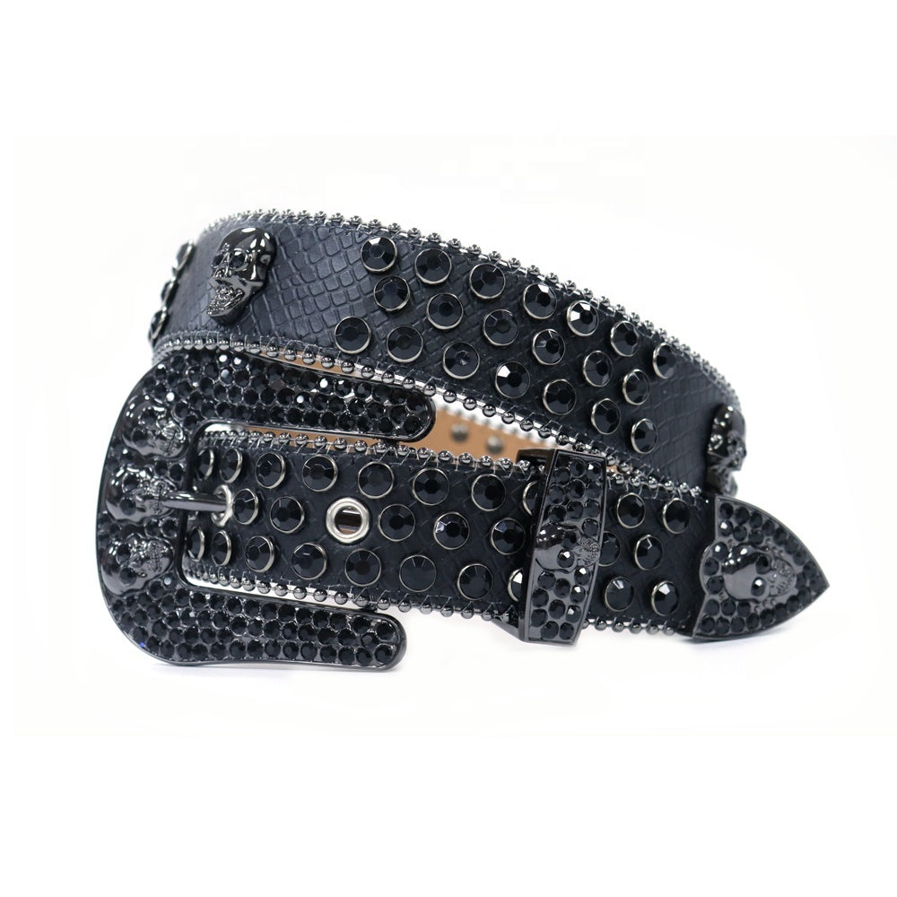 Skull Concho Crystal Rhinestone Western Belt with Double Buckle