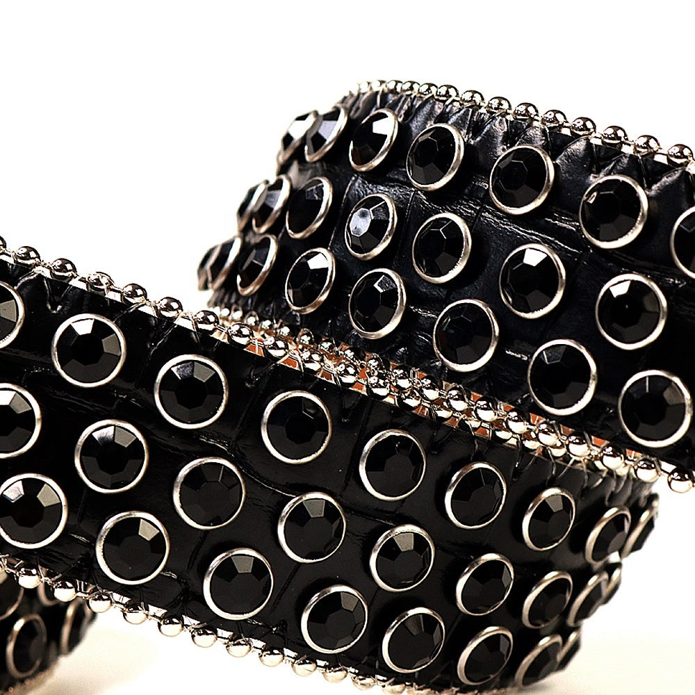 Dotted Crystal Rhinestone Western Belt with Rounded Silver Buckle