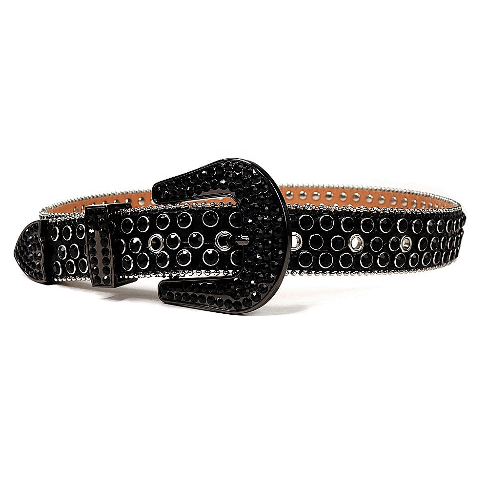 Dotted Crystal Rhinestone Western Belt with Rounded Silver Buckle