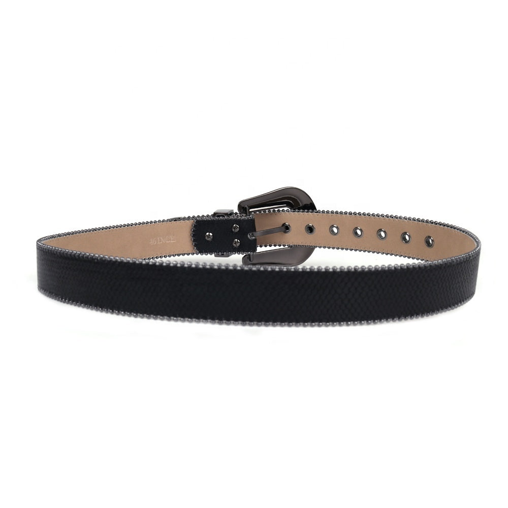 Snakeskin-Texture Western Belt with Rhinestone Buckle