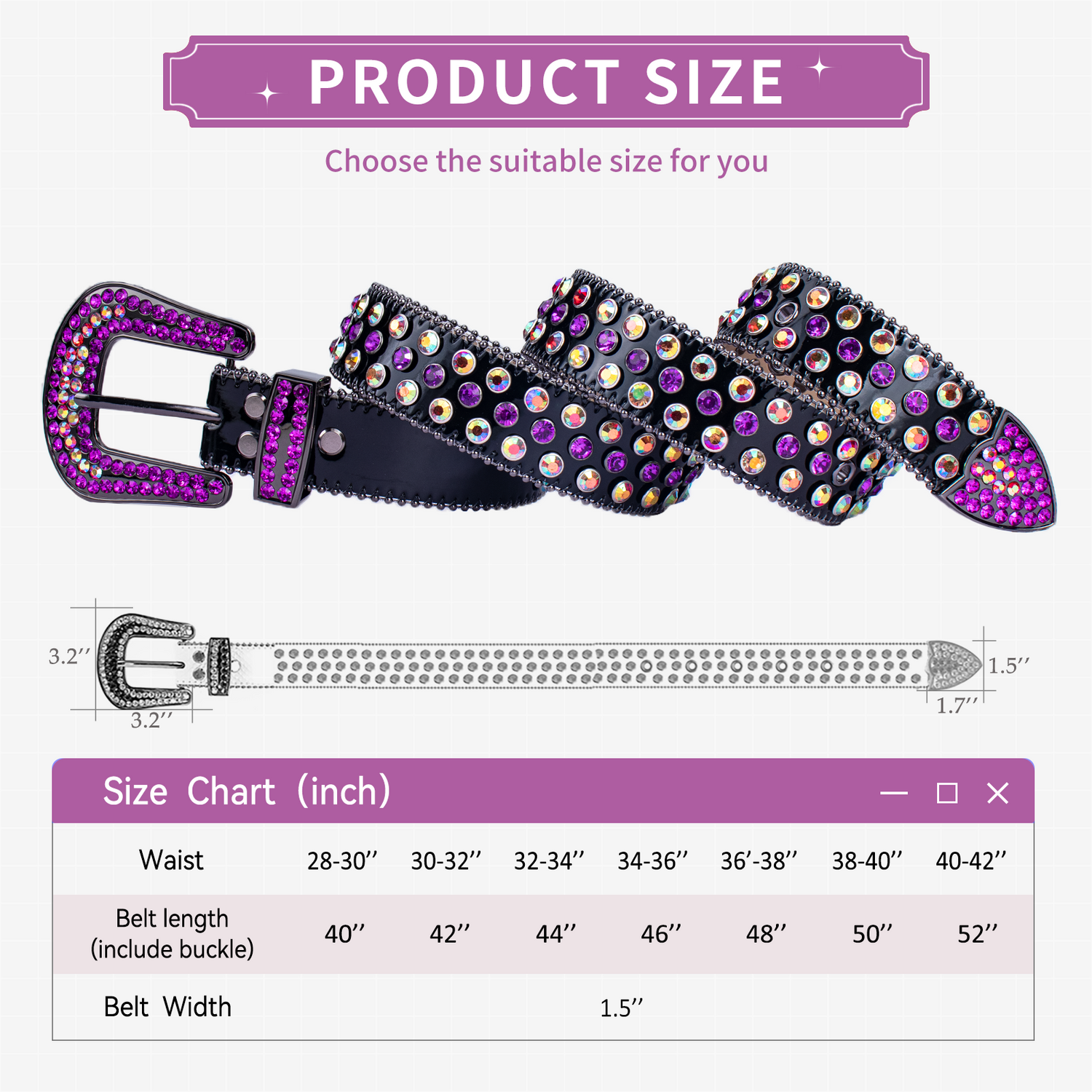 Purple Crystal Rhinestone Western Belt with Black Buckle