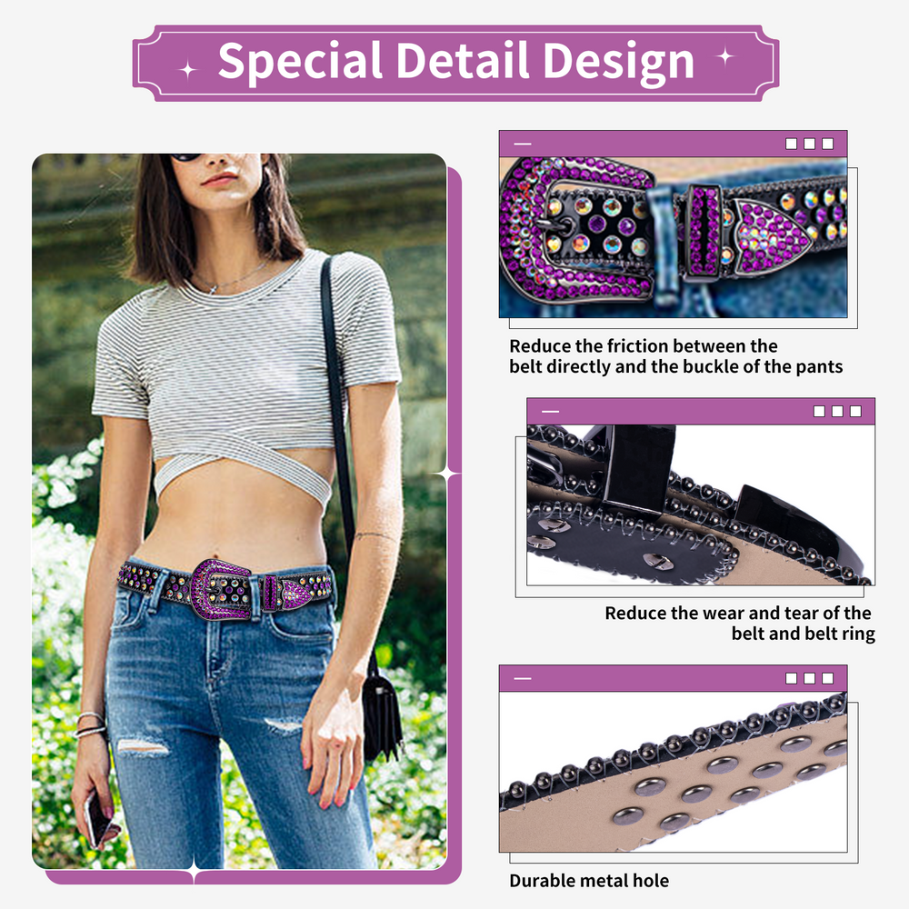 Purple Crystal Rhinestone Western Belt with Black Buckle