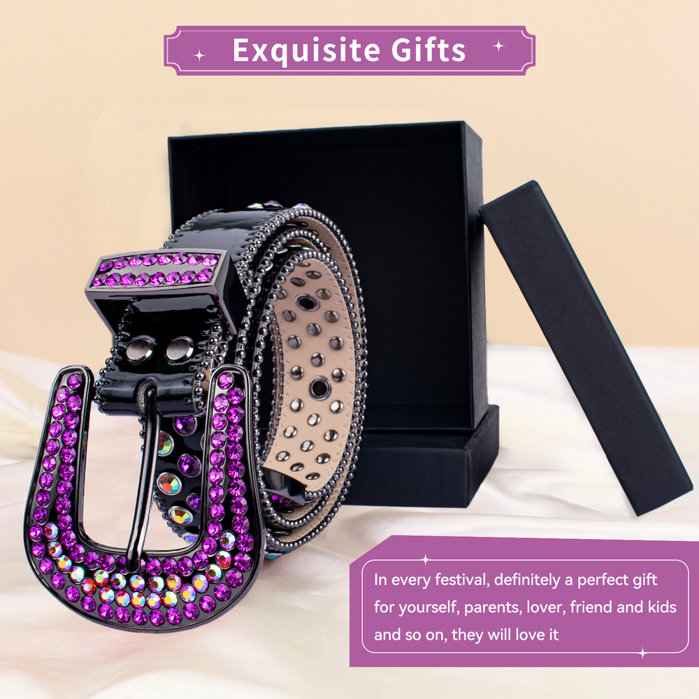 Purple Crystal Rhinestone Western Belt with Black Buckle