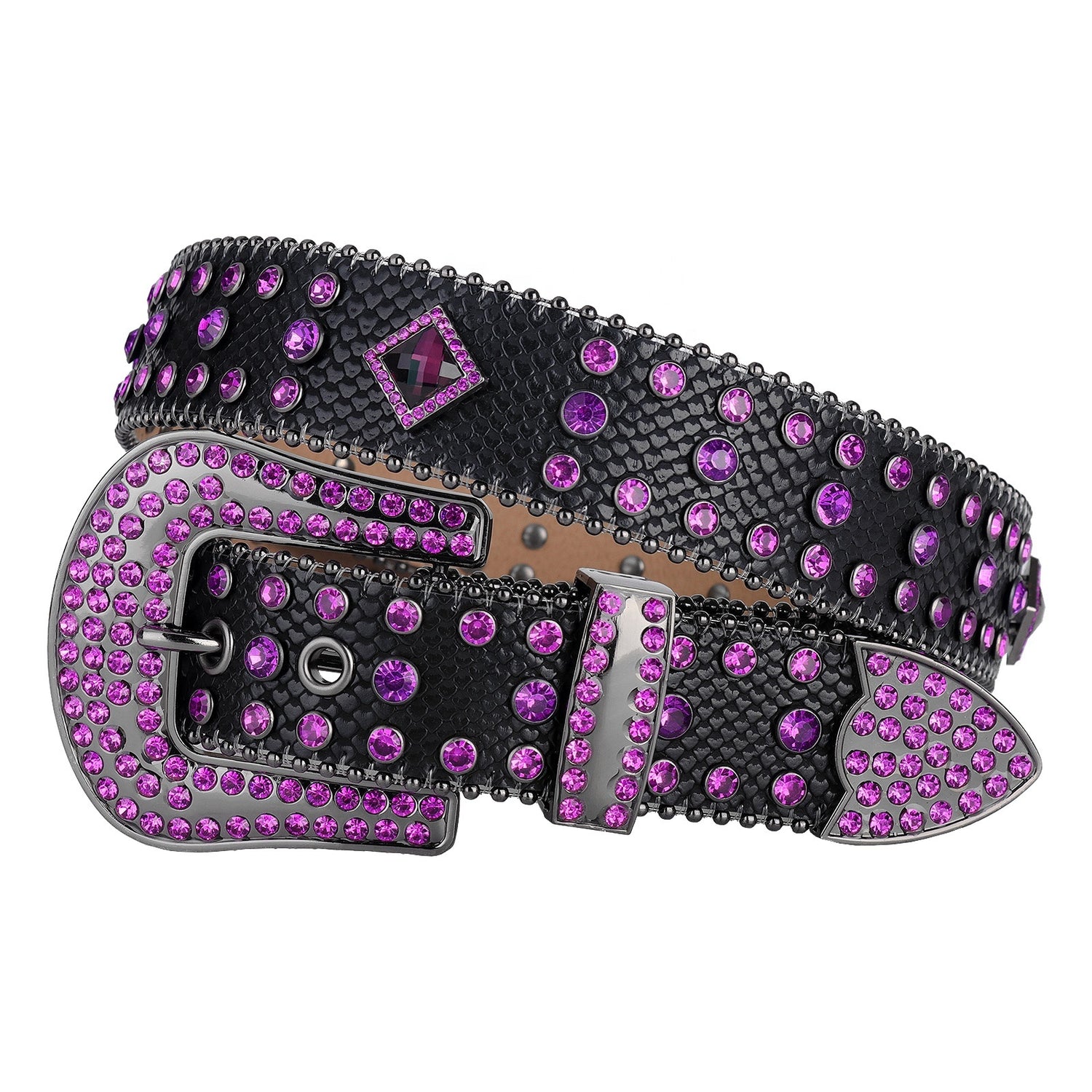 Purple Crystal Rhinestone Western Belt with Snakeskin Texture